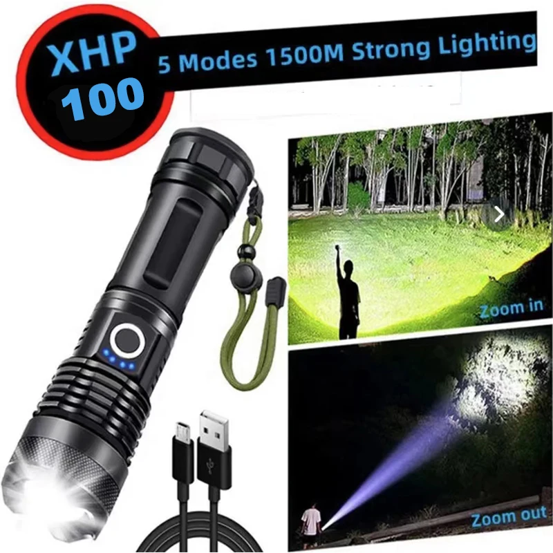 

High Power XHP100 Led Flashlight Rechargeable 4 Core Torch Zoom Usb Hand Lantern For Camping, Outdoor & Emergency Use