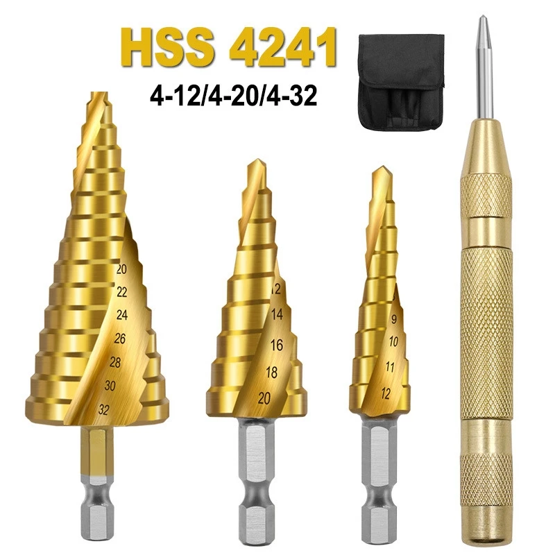 

4 Pieces Spiral Groove Hexagonal Step Drill And Center Punch Set With Centering Reamer