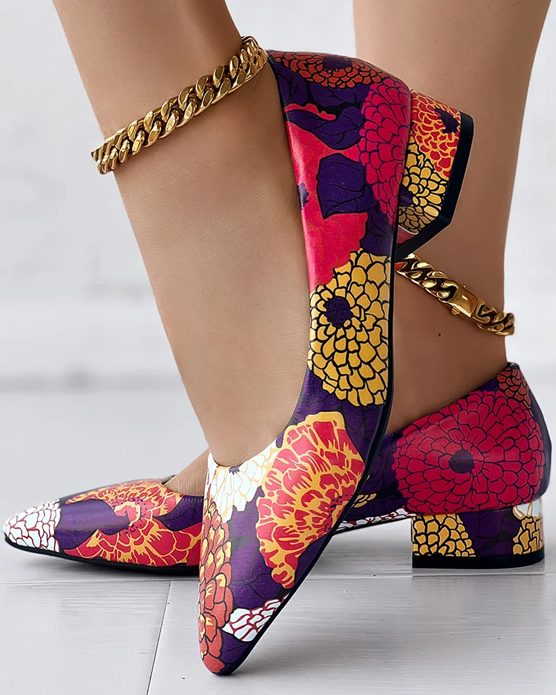 

Women's Shoes Fashion Point Toe Low Heel Going Out Party Club Floral Print Point Toe Chunky Heel Pumps