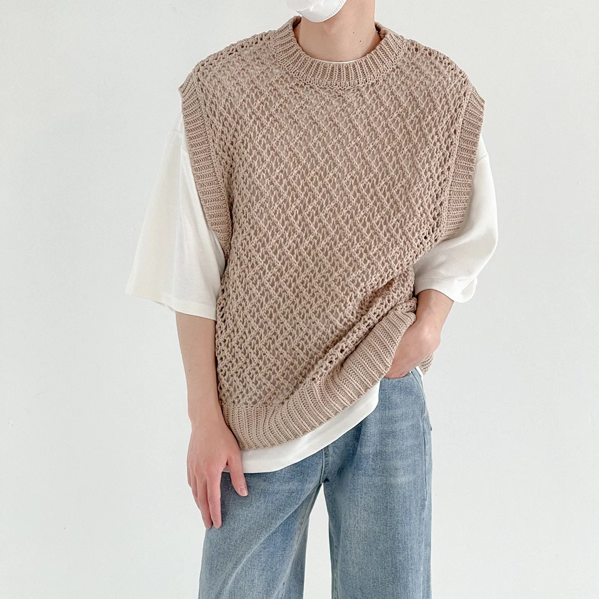 

Spring Autumn Men's Knit Vest Korean Style Round Neck Loose Sleeveless Knit Top Youth All-match Fashion Casual Sweater Vest
