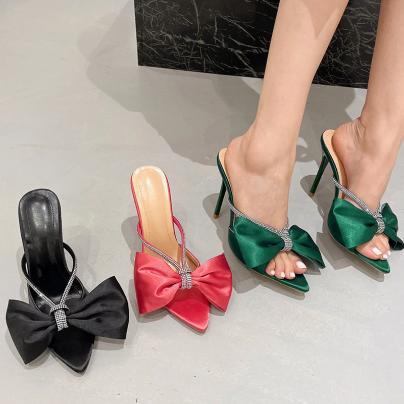 

Fashion Women Pumps 2022 New Thin High Heels Pointed Toe Butterfly-knot Slides Female Rhinestone Sandals Ladies Pumps Shoes