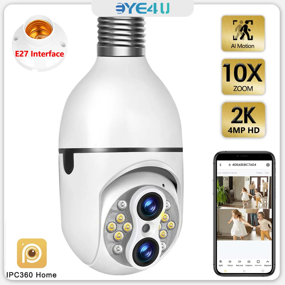 

2K 4MP E27 Bulb Camera Auto Tracking Dual Lens 10X Zoom Video Surveillance WiFi Security Camera Wireless IP Cam Full Color Night
