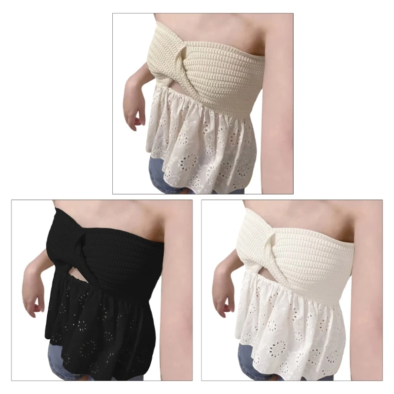 

Женский вязаный жилет без бретелек с вышивкой и рюшами