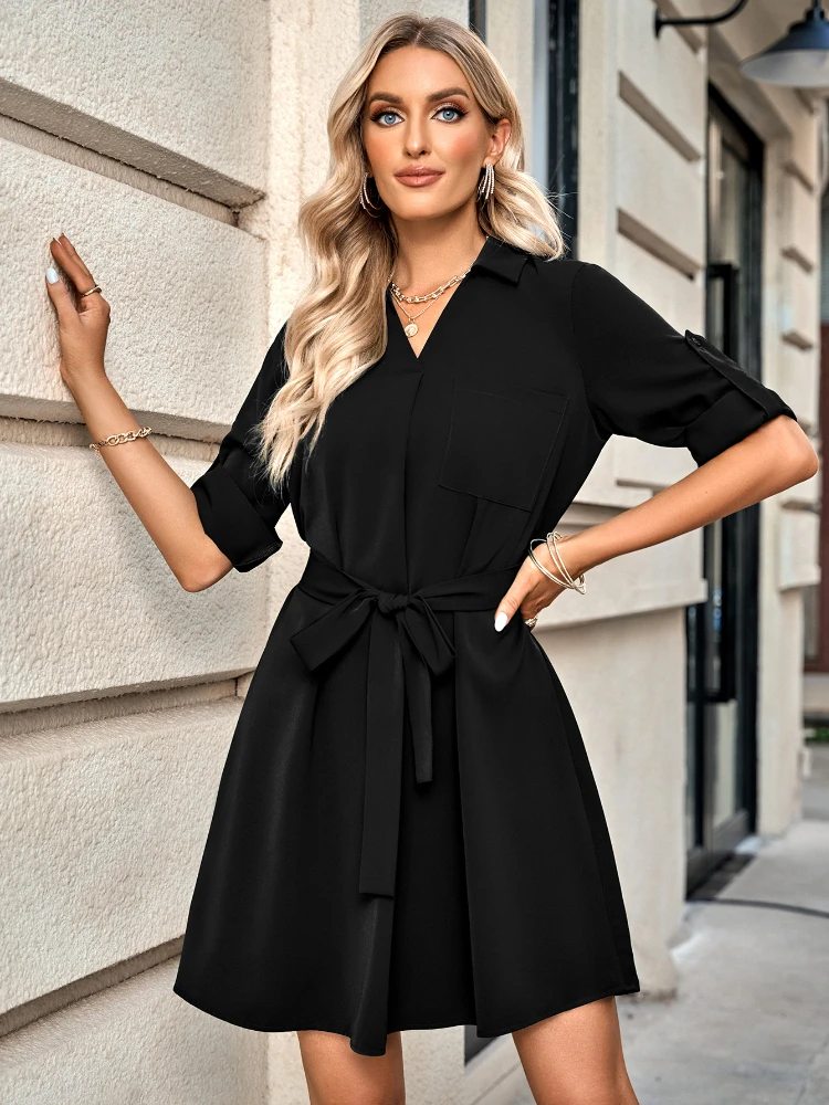 

Женское винтажное платье с поясом, однотонное платье с отложным воротником и рукавом 2023, весна-лето