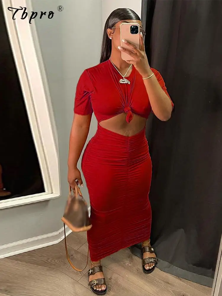 

Women Sexy Solid Pleated T-Shirt Long Dress Two Piece Set 2022 Summer Female Bodycon Short Sleeve Shirts And Long Dress Set