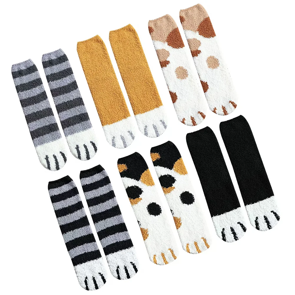 

6 Pairs of Fluffy Socks Cat Paw Pattern Warm Room Floor Socks(Mixed Style)