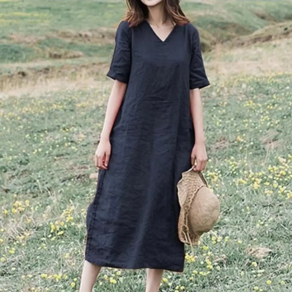 

Платье женское однотонное с V-образным вырезом и коротким рукавом