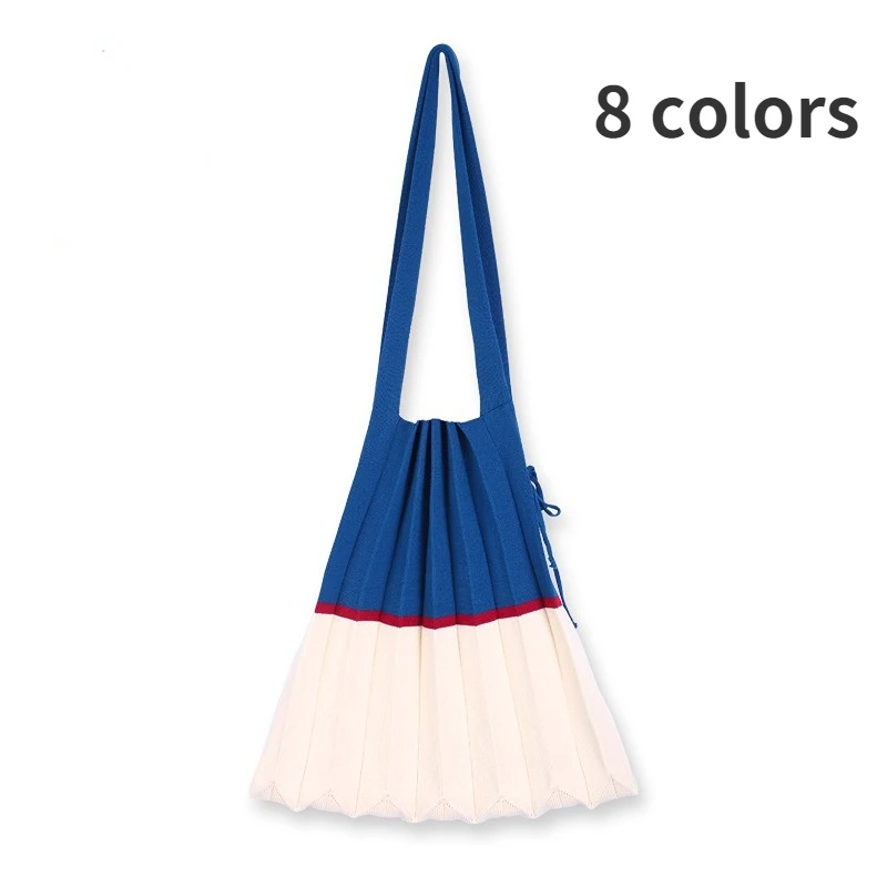 

Chic Women Pleated Knitting Shoulder Bag Lady Foldable Totes Large Shopping Bags Luxury Gift Female Patchwork Handbags
