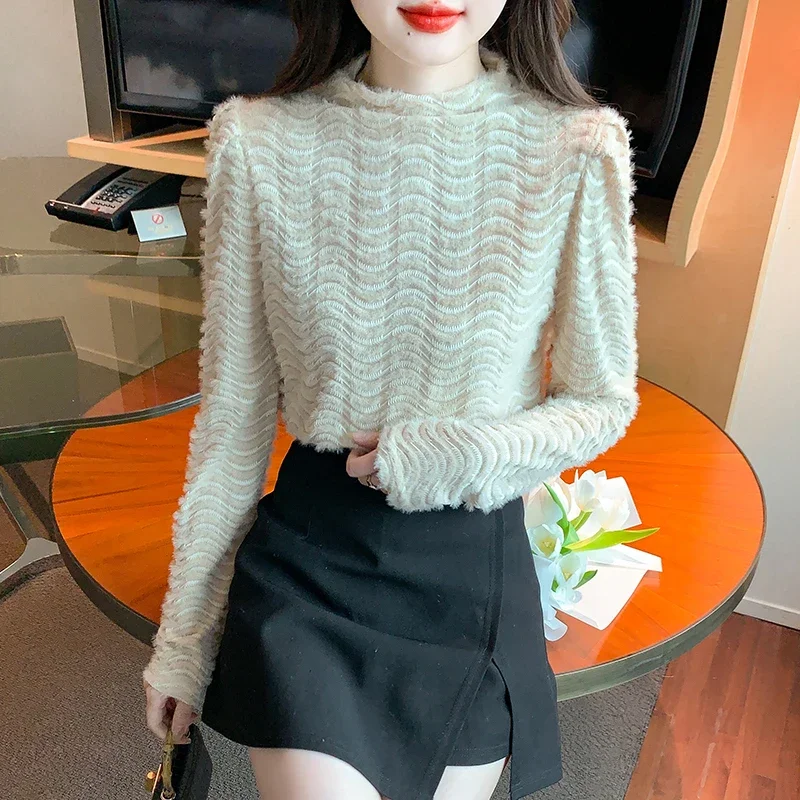 Новая осенняя женская блузка с воротником-стойкой кружевная длинным рукавом