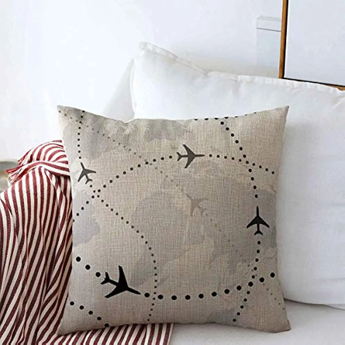 

Travel World Map Airline Airplane Flight Path Passenger Trip Transport Flying Air Abstract Aviation Cushion Case for Fall Home