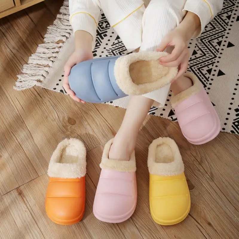 Winter Fur Slippers Waterproof Women Warm Plush Household Slides Indoor Home Thick Sole Footwear Non-Slip Solid Couple Sandals