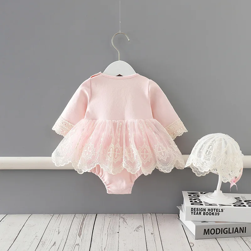 Children's clothing 2022 autumn new baby onesie sweet princess fan baby lace romper