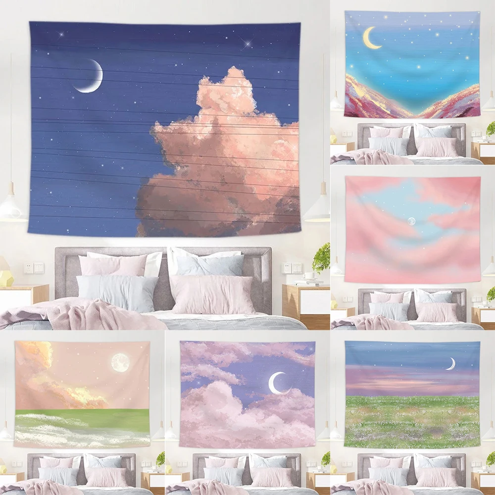Розовое облако луна гобелен настенная ткань для спальни украшение дома гостиная
