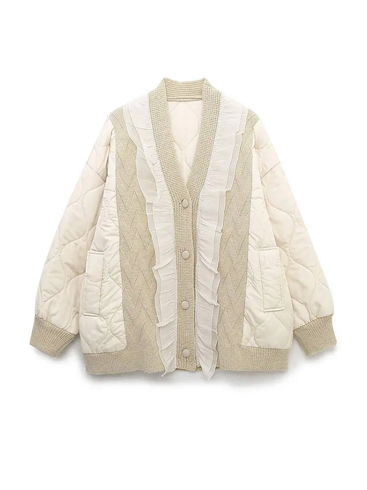 

Mesh Selvage V-Neck Cotton Jacket Women Fashion Pocket Long Sleeve Thickened Coat Spring Winter Casual Female Warm Tops