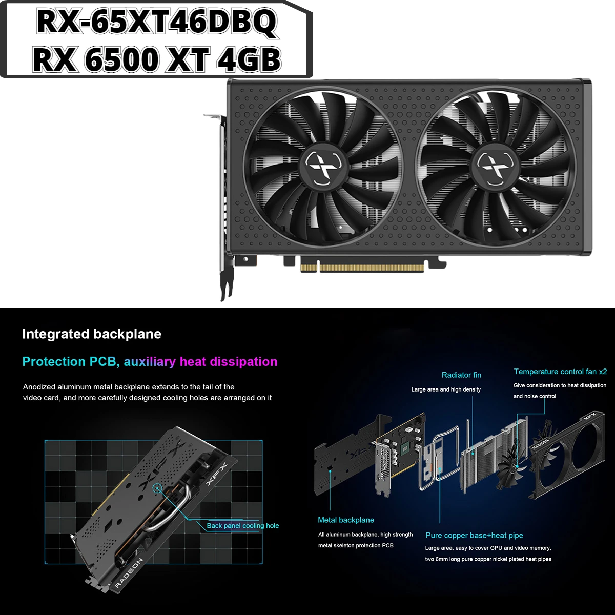 

Вентилятор для видеокарты XFX, RX 6500XT, 4 Гб, 64-бит, GDDR6, 18000 МГц, 6 нм, AMD, для материнской платы Intel