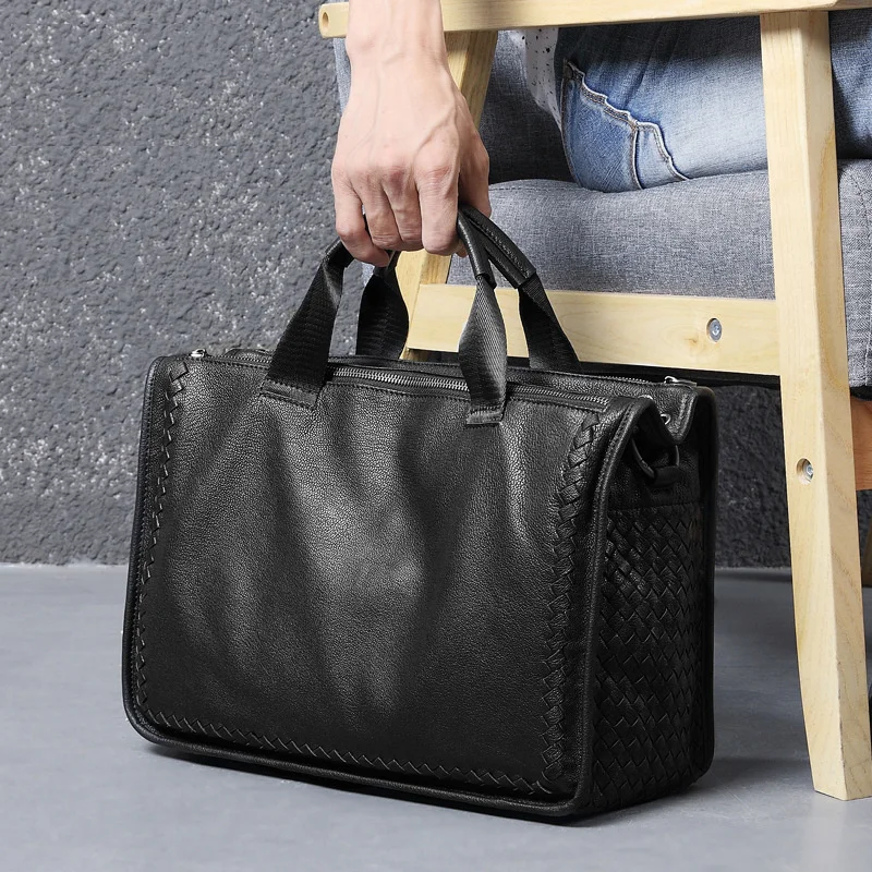genuine  luxury Leather Men's bag business one shoulder men's Bag Laptop sheepskin briefcase woven messenger