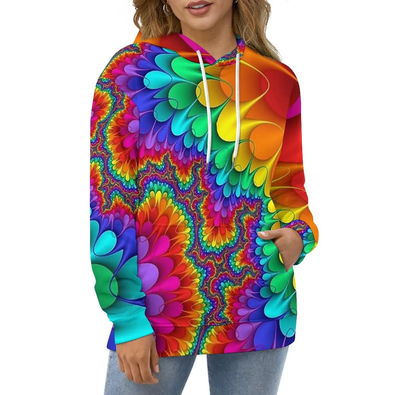 

Rainbow Splash Hoodies Psychedelic Print Harajuku Oversized Hoodie Ladies Long Sleeve Elegant Graphic Casual Sweatshirts