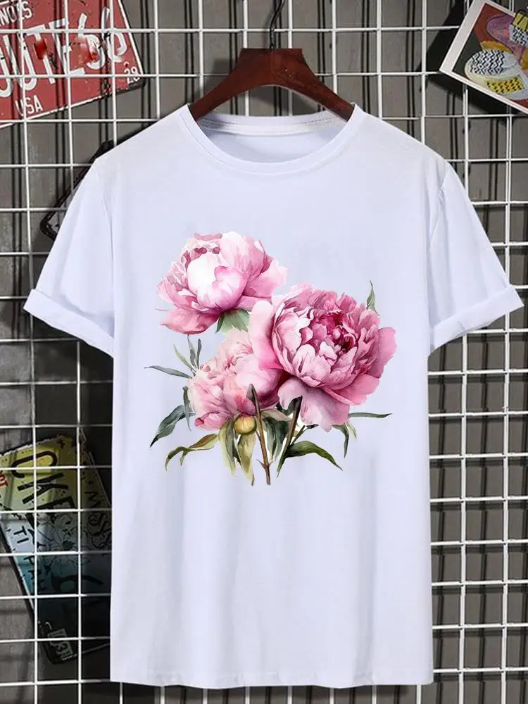 

Flower Floral Style Trend Women Top Lady Female Shirt Tee Short Sleeve Graphic T-shirt Print Fashion O-neck Clothing Clothes