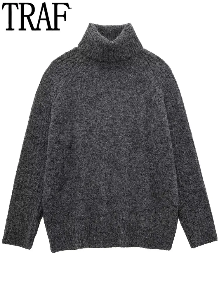 TRAF – pull tricoté gris à col roulé pour femme  vêtement chaud et épais à manches longues