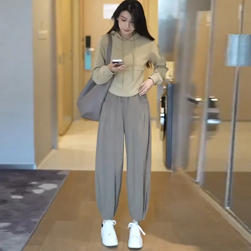 Casual Sports Suit Women's 2024 Autumn New Elegant Hooded Sweatshirt And Ninemore Harem Pants Age-Reducing 2-Piece Set