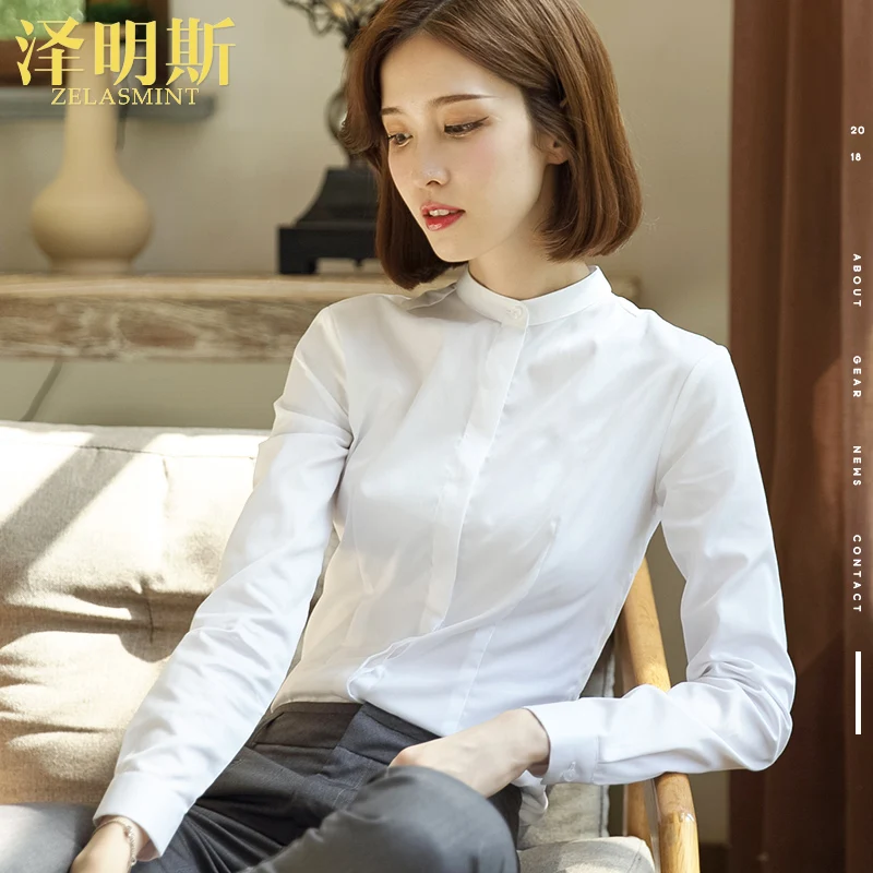 White Shirt Women's Long-Sleeved Work Clothes Professional Stand Collar Fleece-lined Cargo Gray 2024 Spring Design Sens...