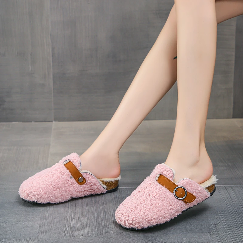 

Winter New Women's Slippers Warm Flat Furry Shoes Fashion Buckle Strap Female Mules Plush Slides Casual Outdoor Indoor Ladies