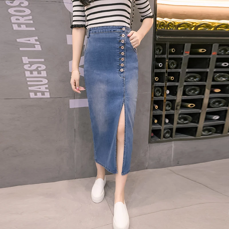 

High Waist Slim Stretch Sexy Pencil Denim Skirt Women Side Breasted Buttons Long Split Hip Skirts Female All-match Streetwear