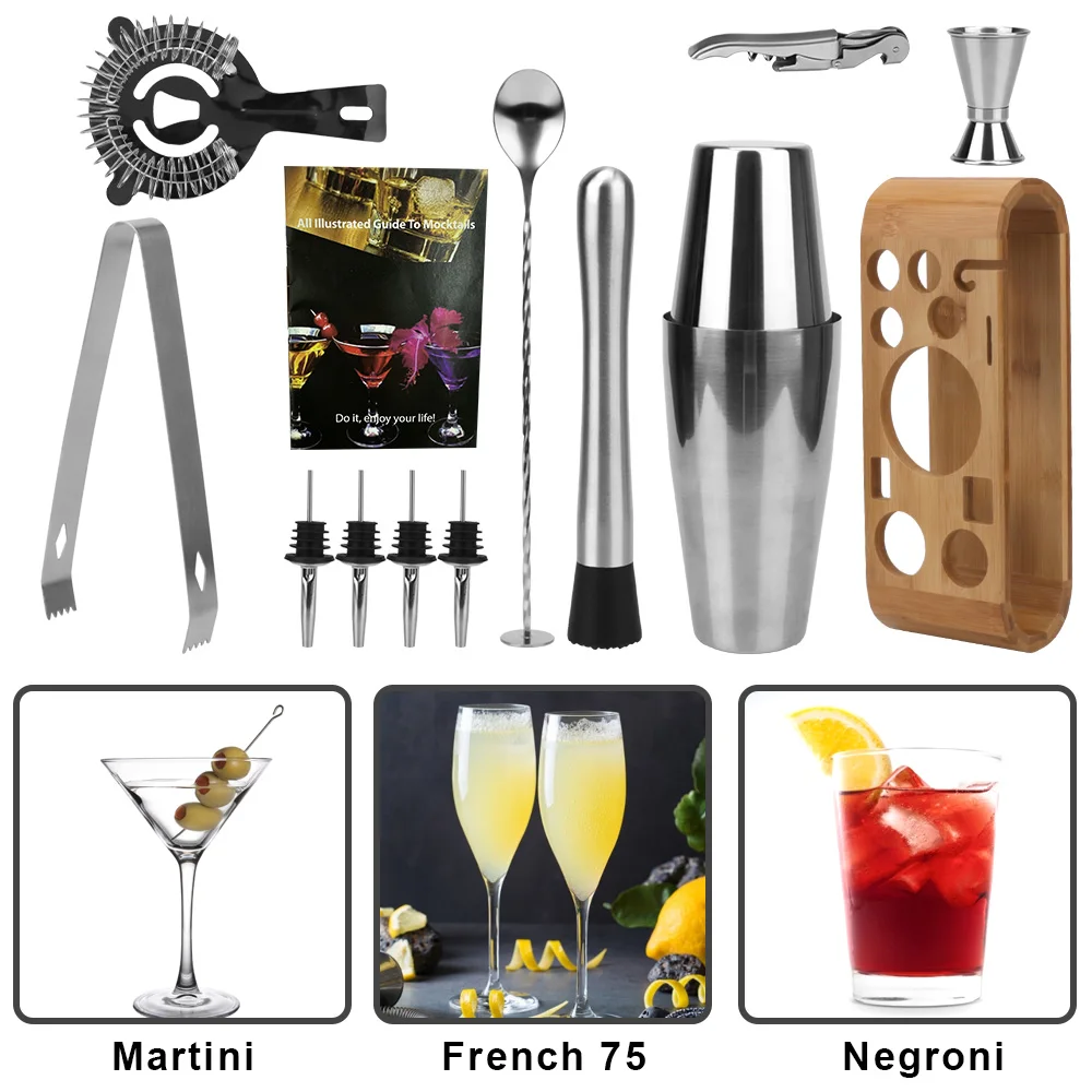 

Stainless Steel Bartender Tools Bars Mixed Drinks Jigger Mixing Spoon Tong Wood Storage Stand Mocktail Tools Cocktail Shaker Set