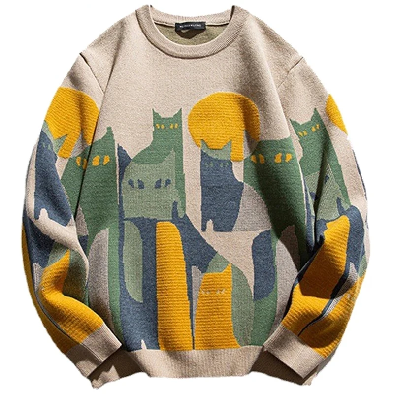 Japanese Harajuku Knitted Sweater Men Women Cartoon Full Cat Print Pullover Vintage Causal Loose Sweaters Streetwear Autumn