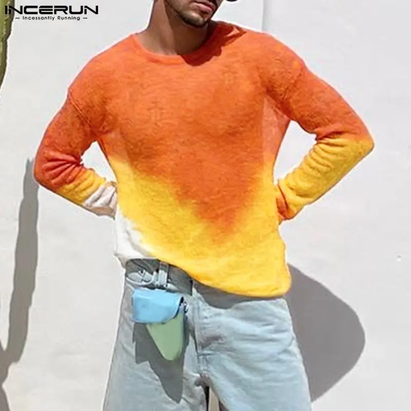 

INCERUN Men T Shirt Tie Dye Gradient O-neck Long Sleeve Streetwear Casual Men Clothing Autumn Loose 2023 Stylish Camisetas S-5XL