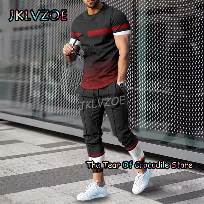 Colorful stripes Men's T Shirt Trousers Tracksuit 2 Piece Sets Summer Short Sleeve+Pants Funny Smiley 3D Printing Street Clothes