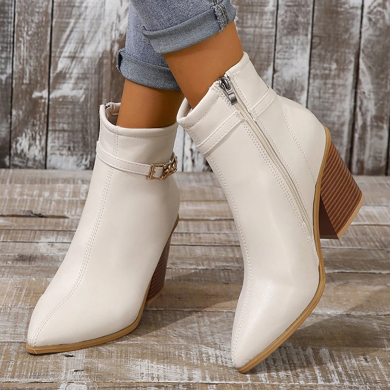 

Metal Buckle Thick High Heels Boots Women PU Leather Pointed Toe Ankle Boots Woman 2023 Autumn Zipper Square Heel Short Booties