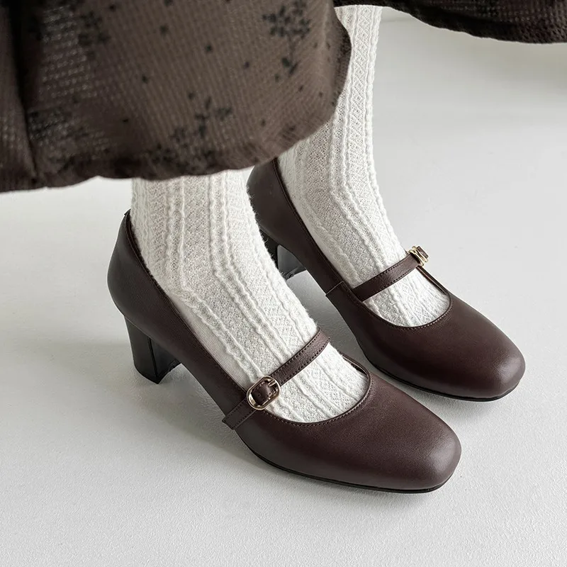 Туфли-лодочки MKKHOU женские натуральная кожа круглый носок высокий каблук Ретро