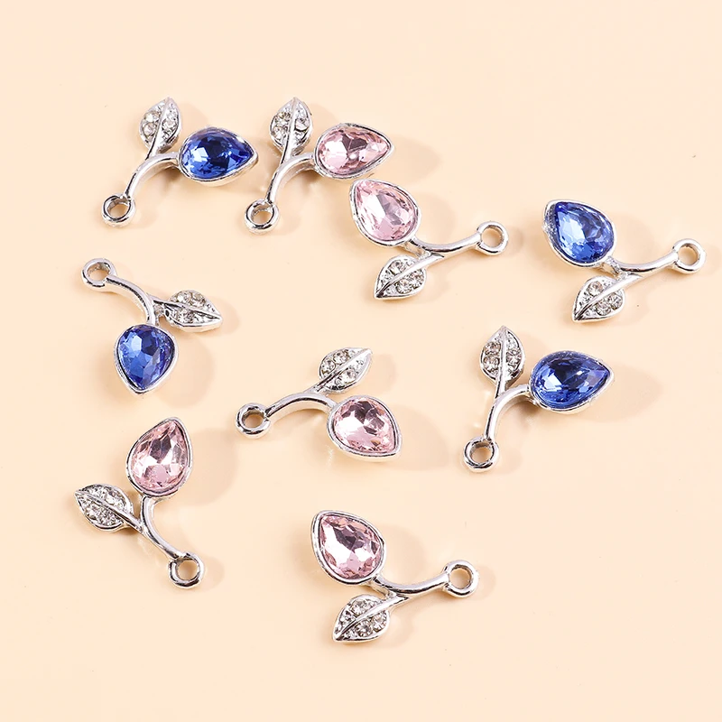 

10pcs Exquisite Crystal Leaf Charms Bright Silver Color Blue Pink Cube Zircon Leaves Pendants for Bracelets Earrings DIY Jewelry