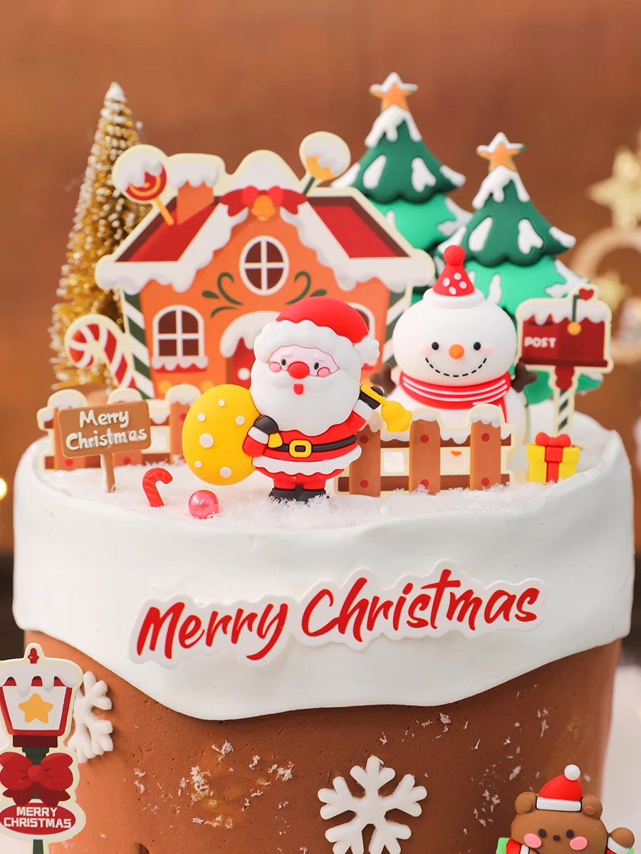 

2024 Christmas Cake Decoration Noel Navida Santa Claus Snowman Christmas Tree Candy House Scene Decor Card Insert Party Supplies