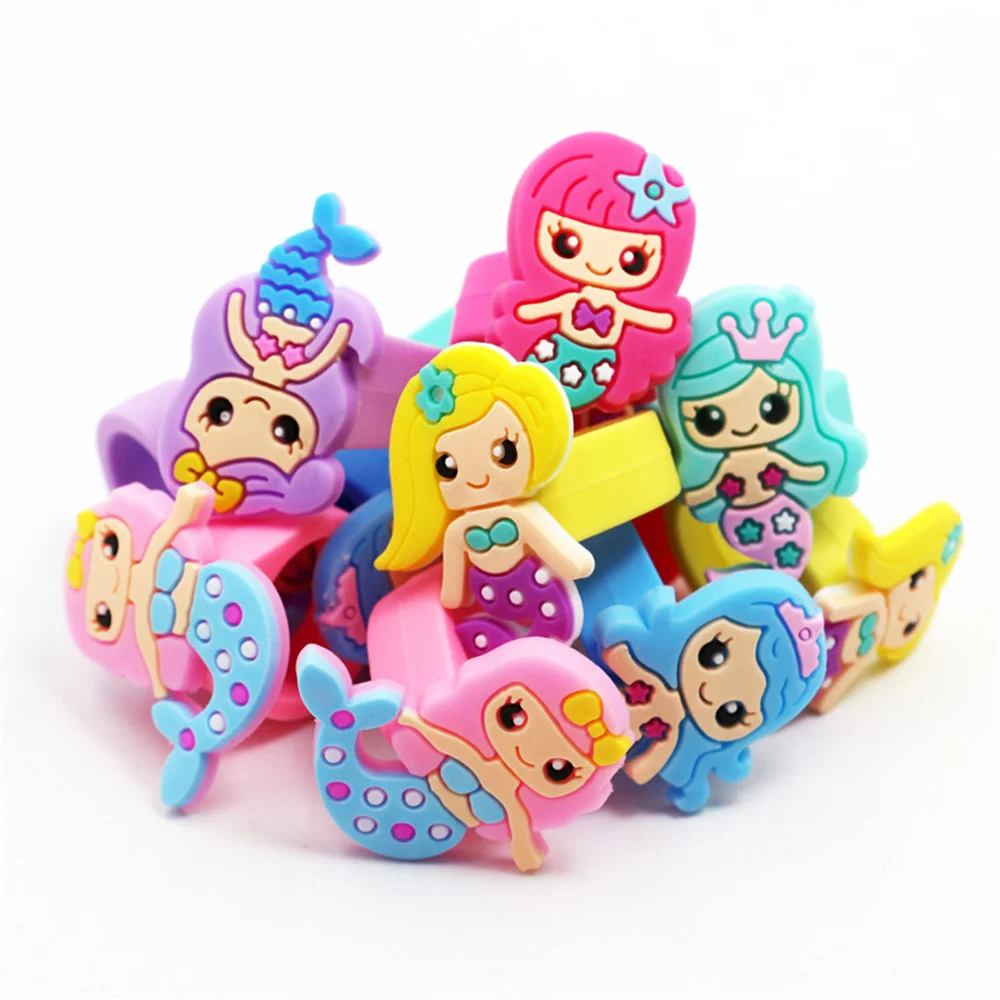 

10pcs Mermaid Rubber Rings Pink Blue Cartoon Rings for Kids Girls Mermaid Birthday Party Decoration Supplies Mermaid Theme Decor