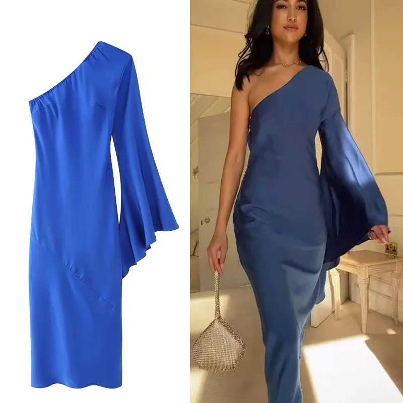 

TRAF Woman Asymmetric Midi Dress Blue One-shoulder Long Sleeves Robe Dresses 2024 Autumn Elegant Evening Party Dress Vestidos