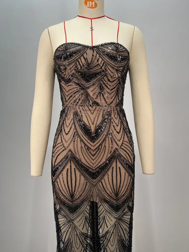 Женское роскошное сексуальное Сетчатое платье макси без бретелек с блестками