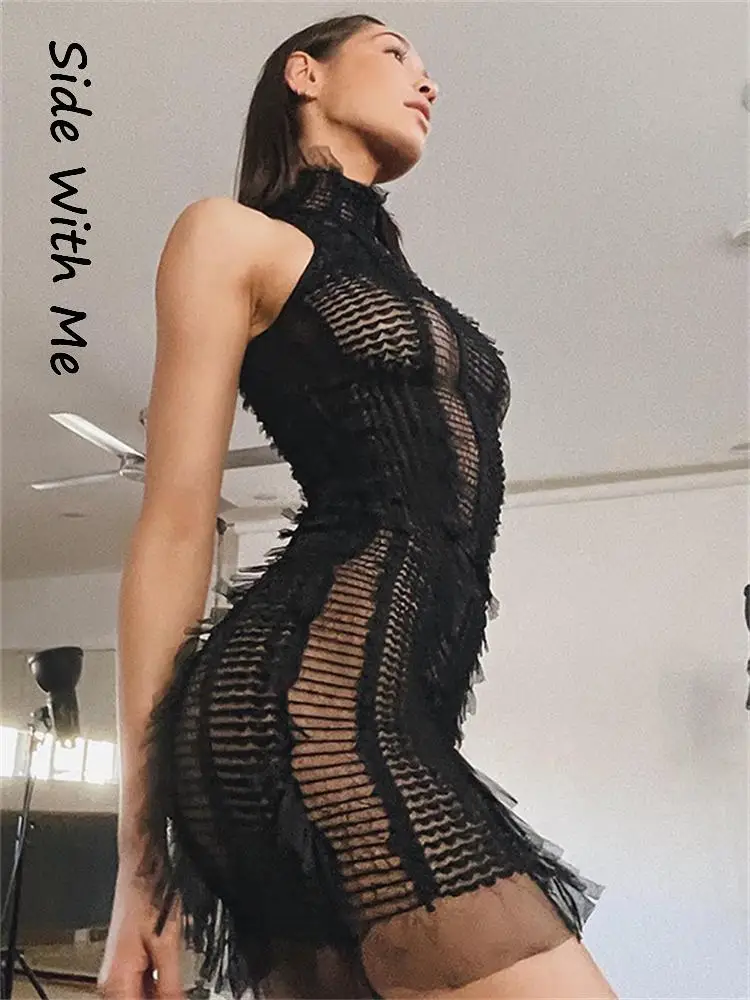 

Side with Me Turtleneck Hollow Out Bodycon Woman Mini Sexy Dress 2022 Summer Elegant Party Club Robe Patchwork Women's Dresses