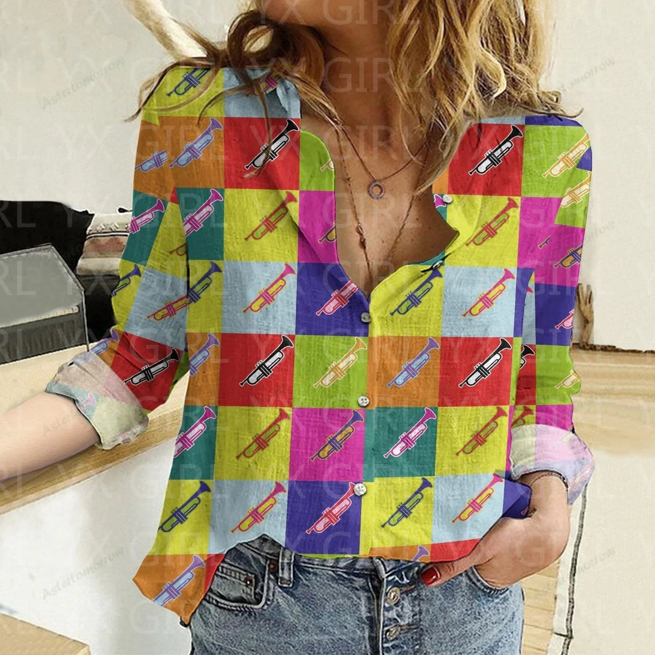 Женская рубашка с принтом трубы Повседневная 3D на пуговицах уникальная одежда