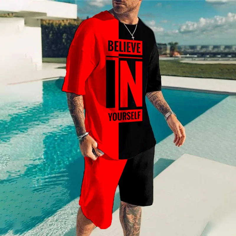 Summer men's Red Believe in Yourself Harajuku breathable short sleeve fashion 2 piece set shorts tracksuit oversized clothing