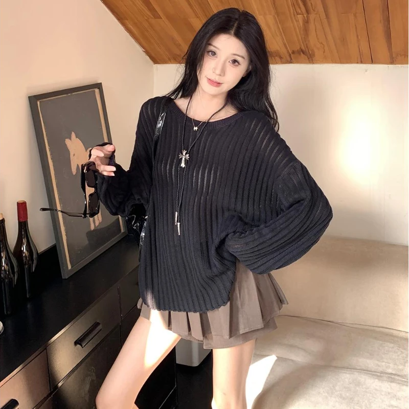 Новый однотонный слегка прозрачный женский топ тонкий вязаный свитер с длинными