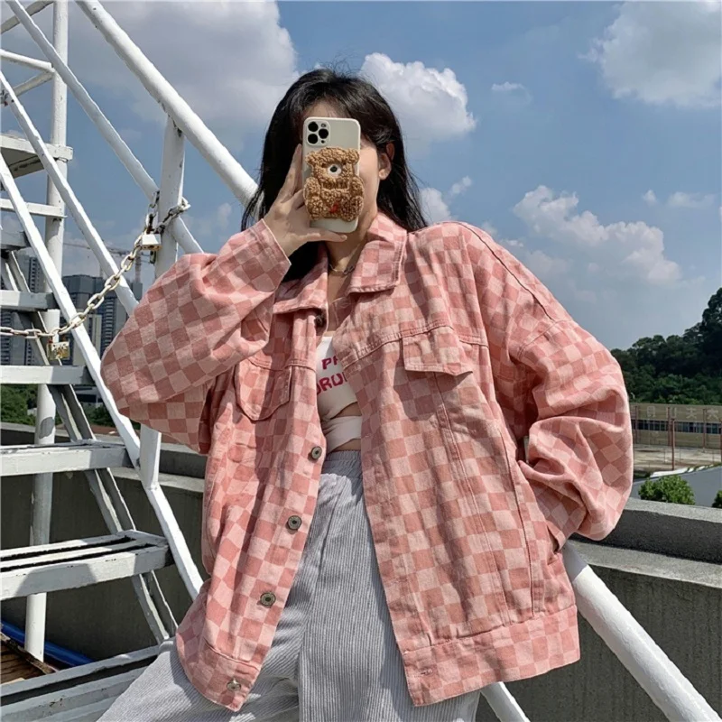 

COZOK Vitality Girl Denim Coat Female 2022 New Plaid Loose Casual Retro Denim Top Harajuku Y2K Ladies Jacket Long Sleeve