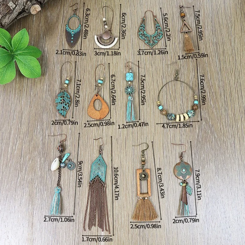 Винтажные серьги 3 пары богемные этнические геометрические кисточки сплав