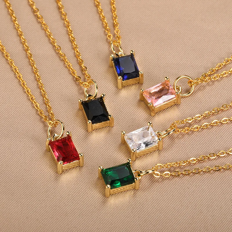 

Luxury Green Blue Square Crystal Necklace Zirconia Stylish Stainless Steel Geometric Necklace Exquisite Jewelry Gift