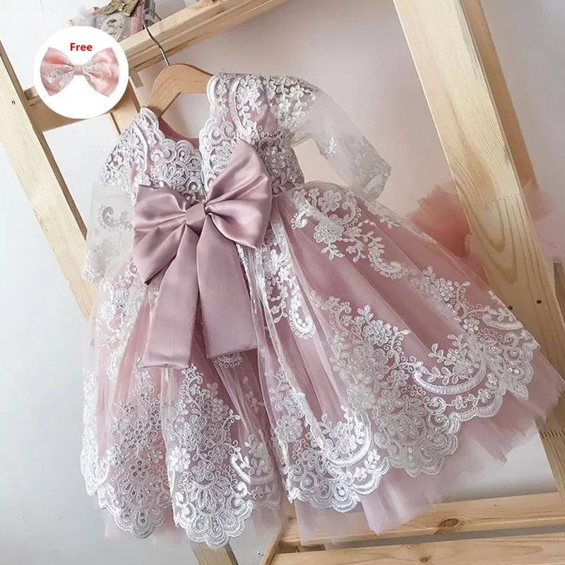 Baby Pink Dress Toddler Girl Party Formal Dress Newborn Princess Lace Bow Gown Girl Communion Dress Wedding Dress Free Hairclips