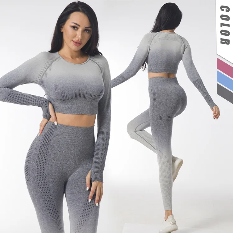 Gradient Long-sleeved Yoga Suit Fitness Running Dot Jacquard Sports Breathable High Waist Buttocks Seamless Yoga Pants Suit