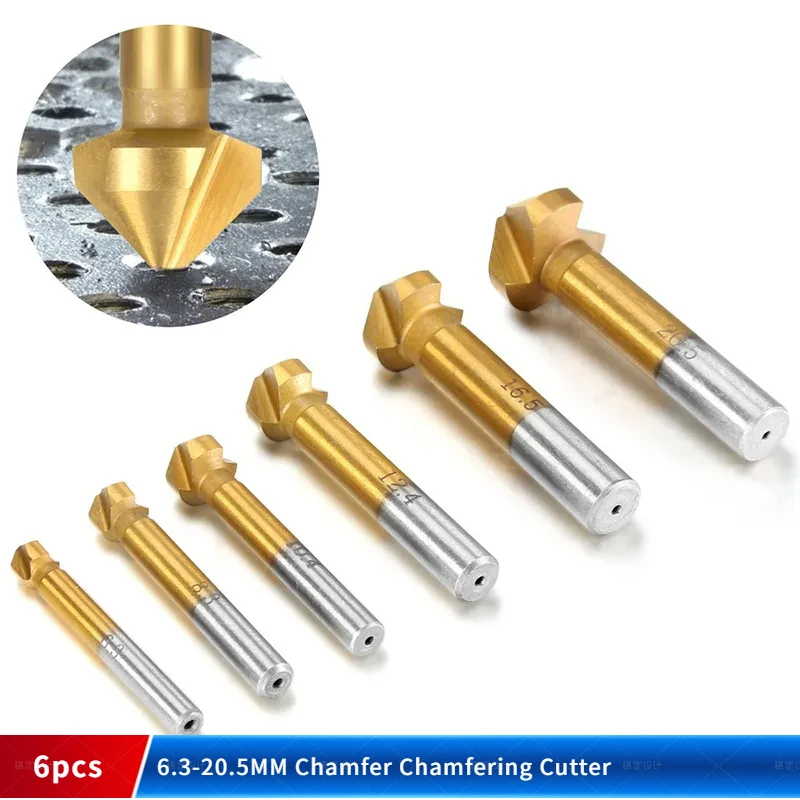 

6pcs 6.3-20.5MM Chamfer Chamfering Cutter End Mill Titanium Round Shank 3 Flute 90 Degree HSS Tool Countersink Drill Bit Set