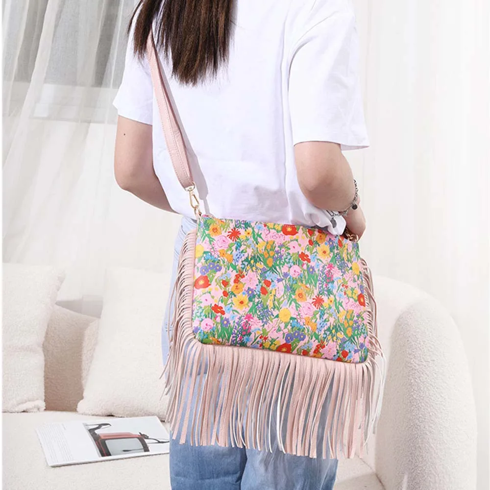 Vintage PU Leather Shoulder Bags Women Luxury Designer Rose Print Tassels Messenger Bag Female Fashion Versatile Crossbody Bag