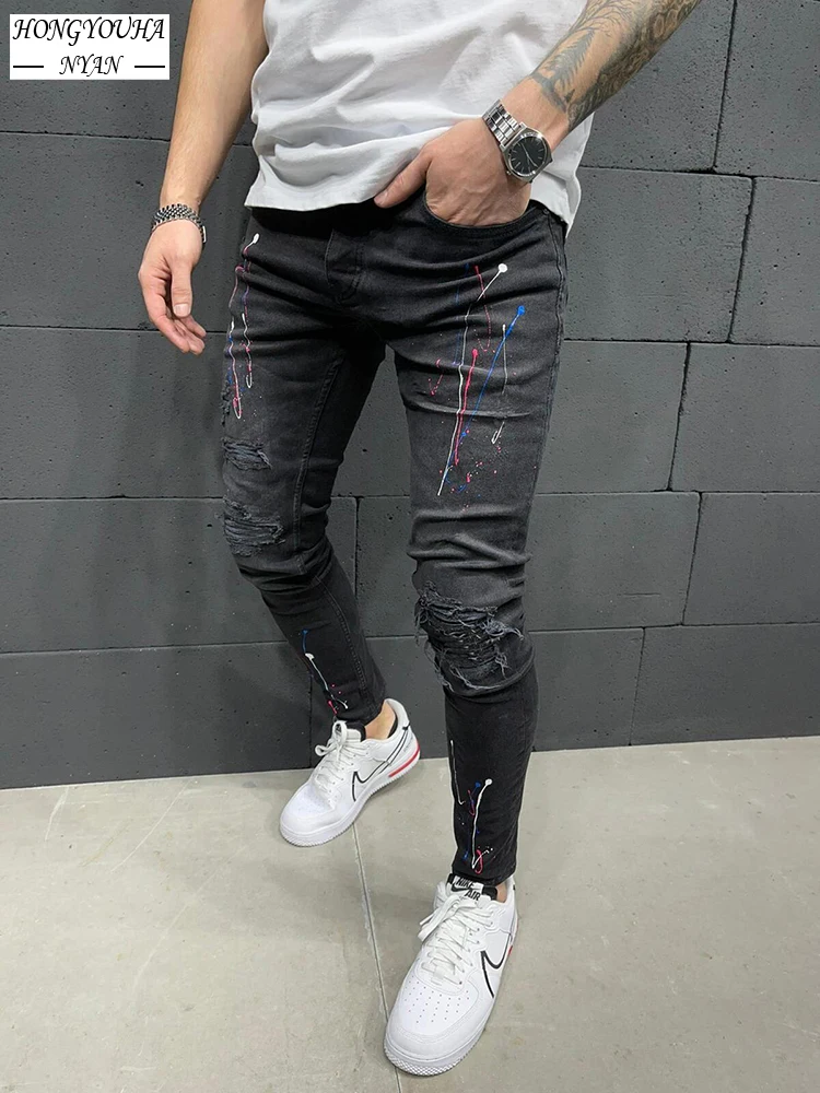 Fashion Mens Ripped Jeans Skinny streetwear vintage jeans Stretchy Hole Pencil Pants Slim Denim High Quality Hip Hop Black Jeans
